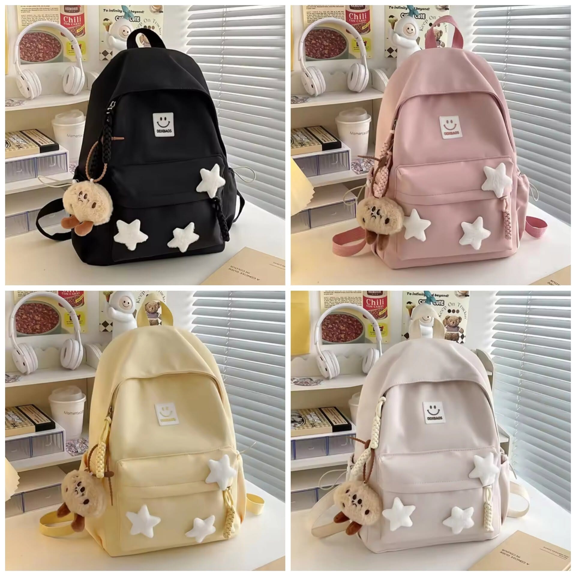 Kawaii Cute Backpack with Plush Keychain & 3D Star Décor