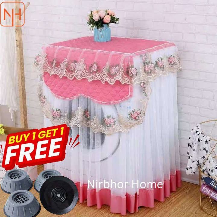 (Pink) Floral Lace Washing Machine Cover + FREE 4PCS Anti-Vibration Feet Pad