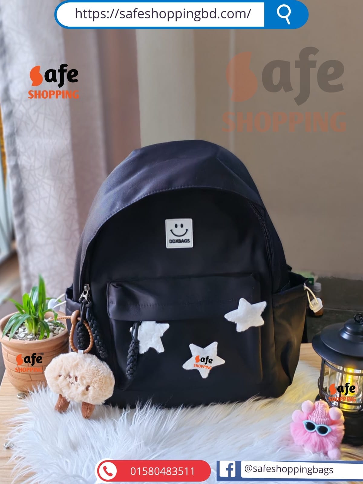 Kawaii Cute Backpack with Plush Keychain & 3D Star Décor - Image 3