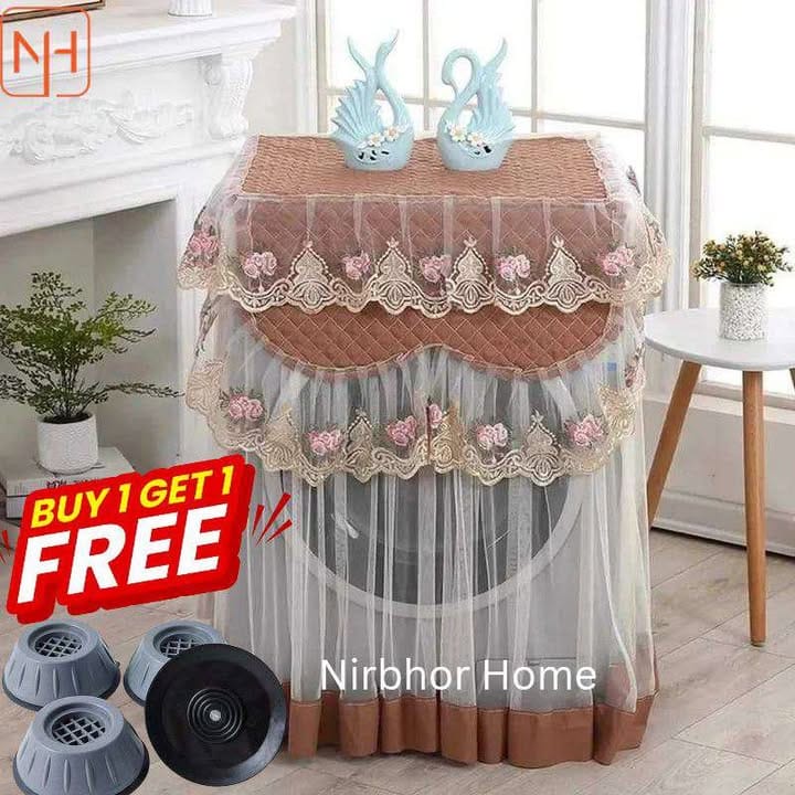 (Brown) Floral Lace Washing Machine Cover + FREE 4PCS Anti-Vibration Feet Pad